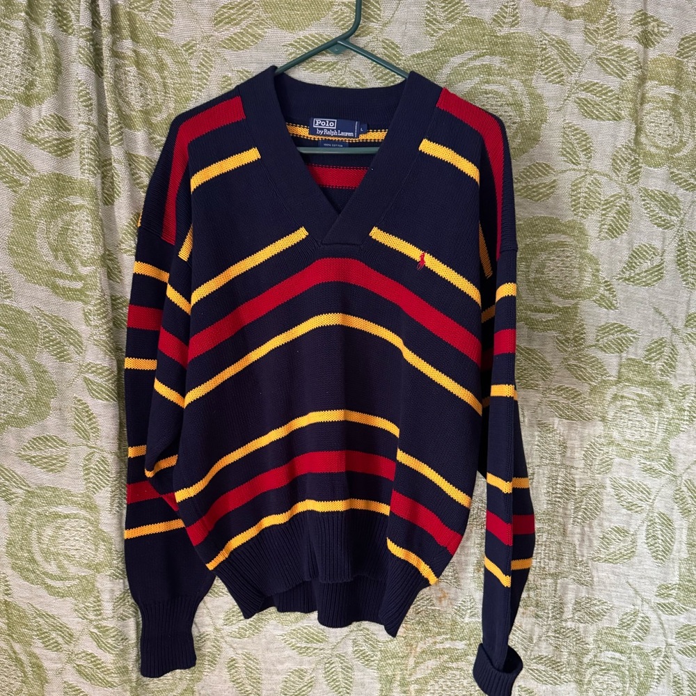 Polo by Ralph Lauren Navy V-Neck Sweater with Red & Yellow Stripes
